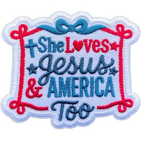 She Love Jesus and America Too Patch Iron On Embroidery Patch for Backpacks Hats Jeans Bags, Size 3" Sewing Patches, 4th Of July Appliques for Clothes, Embroidery Patches, Faith Christian Gift
