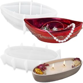 2 PCS Pirate Ship Shape Resin Molds Oval Bowl Silicone Mold Boat Shape Candle Vessel Mold Storage Tray Mould for DIY Jewelry Trinket Candy Bowl Succulent Planter Candle Vessel Home Decor