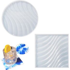 2 Pcs Resin Coaster Molds,Coaster Silicone Molds for Epoxy Resin Square and Round Wave Shapes Coaster Resin Casting Molds for DIY Art Craft Cup Mats Home Decoration, semi-transparent, YLY0030