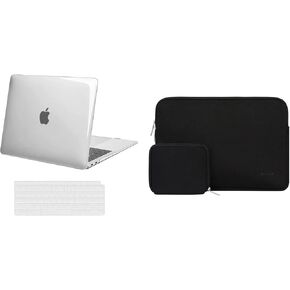 MOSISO Compatible with MacBook Air 13 inch Case 2018-2020 Rlease A2337 M1 A2179 A1932, Plastic Hard Shell Case&Neoprene Bag Cover with Small Case&Keyboard Cover, Crystal Clear&Black