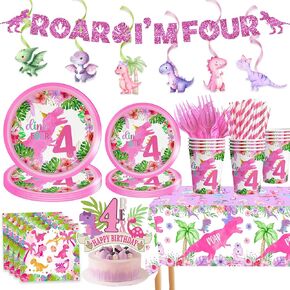 Pink Girl Dinosaur 4th Birthday Decorations for Dino-Four dinosaurs girl Birthday Party Tableware Set include Glitter Roar I'm Four Banner Plates Napkins Cups Tablecloth for 4th Girls Party Supplies