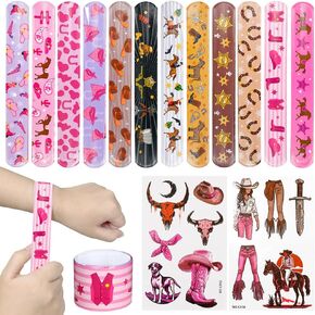 48PCS Carnival Party Favors - Cow Boy Themed 24PCS Slap Bracelets Wristbands & 24PCS Tattoos Stickers for Birthday Baby Showers Classroom Rewards