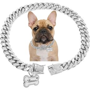 Diamond Cuban Link Dog Collar & Custom Engraved Pet ID Tag Set - Luxury Zirconia Chain Necklace + Glitter Bone Name Tag with 50-Char Engraving, Secure Buckle | Gift-Ready for Dogs/Cats (Gold/Silver)