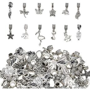 CHGCRAFT 48Pcs 12 Styles Alloy Dangle Spacer Beads European Dangle Beads Antique Silver Butterfly Elephant Owl Charm for European Snake Chain Bracelet Necklace Making, 21~30mm Length
