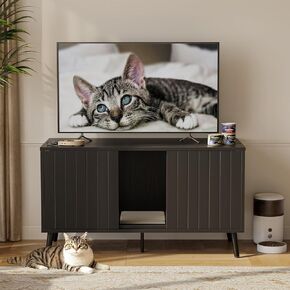Bestier Cat Litter Box Enclosure for 2 Cats, 47.2" Hidden Double Cabinet Cat Washroom Furniture with Litter Mat, Dog-Proof Design, TV Stand for up to 55" TV, Ideal for Living Room (Teak)