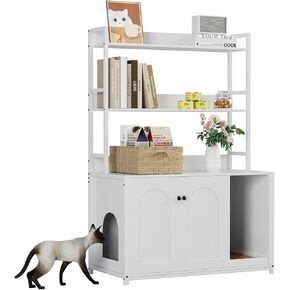 52 Inch Cat Litter Box Enclosure with 2 Storage Shelves, Large Hidden Litter Box Furniture with Doors, Wooden Indoor Cat Cabinet, Scratch Pad Included, Brown