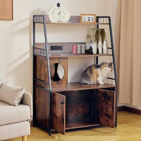 Redlife Cat Litter Box Enclosure with Charging Socket, Tall Cat Litter Box Furniture Hidden with 2 Shelves Storage, Indoor Large Litter Box Wooden, Cat Cabinet Corner (Retro Brown)