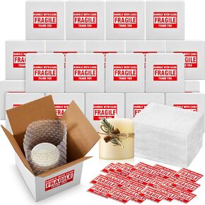 Honoson 30 Pieces 5 x 5 x 5 Inch Candle Cardboard Box Mailers with 30 Bubble Bags and 40 Fragile Stickers, White Corrugated Cardboard Cube Box for Small Business Mailing, Candle Mug Hat Packaging