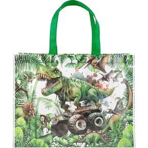 Loveinside Dinosaur Reusable Gift Bag, Tropical Monster Truck Design Large Recycled Party Favor Gift Bag for Kids' Birthday, Shopping, School and Storage, 16" x 6" x 12", 1 Pcs