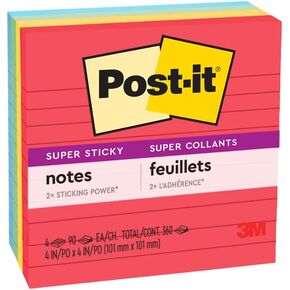 Post-it Super Sticky Lined Notes, 4 Sticky Note Pads, 4 x 4 in., School Supplies and Office Products, Ideal for Textbooks, Notebooks, Walls and Vertical Surfaces, Playful Primaries Collection
