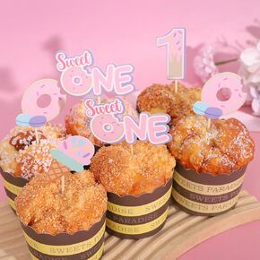 16 Pcs Sweet One Cupcake Topper - Donut First Birthday Cupcake Toppers, 1St Birthday Party Decoration Cake Supplies, Berry First Decor, Sweet Party Girl 1st Birthday Ice Cream Donut Candy