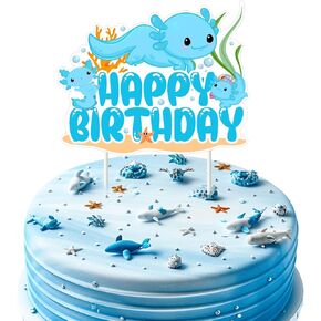 Axolotl Birthday Party Decorations Boy, Blue Axolotl Happy Birthday Cake Topper Double-sided Printing for Blue Axolotl Party Decorations
