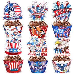 48PCS 4th of July Themed Birthday Party Decorations | 24PCS Cupcake Toppers & 24PCS Cupcake Wrappers Party Favors Supplies Fourth of July Independence Day Centerpiece Table Gifts for Boys Girls