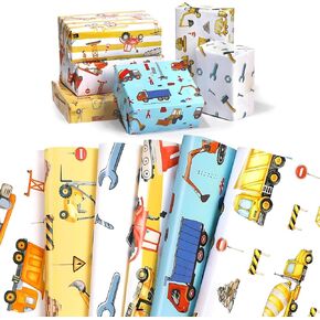 JISUAN Construction Wrapping Paper, 12 Sheets Tractor Truck Gift Wrap Paper DIY Art Paper Folded Flat for Kids Boys Birthday Baby Shower Holiday, 19.7 x 27.6 Inch