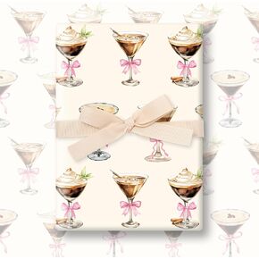 FYSUIMU 6 Sheets Martini Wrapping Paper - Not Roll - Pink Bow Martini Glasses Gift Wrap Paper Folded Flat for Martini Bachelorette Party Birthday DIY Crafts, 19.7 x 27.6 Inch
