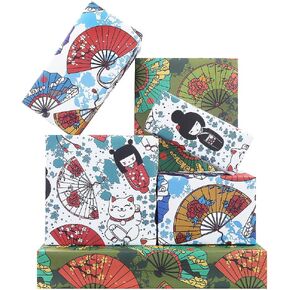 Boerni Japanese Wrapping Paper 6 Sheets, Japanese Style Fan Cat Maneki Neko 4 Styles Folded Flat Gift Wrap Paper for Birthday Wedding Baby Shower DIY Crafts Gift Packing Art Paper Decoration