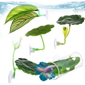 Betta Hammock & Fish Toys Set, 5Pcs Beta Fish Aquariums Accessories with Betta Leaf Hammock, Acrylic Fishtank Tunnel Decoration, Lotus Leaf Decor and Suction Cups for Fishtank Decorations Plant