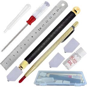 Glass Cutting Kit with Ruler, Oil Bottle, Scoring Tools and Case, 3-14mm，Glass Cutting Tool Wite Carbide Tip Scriber,Steel Ruler,3 Pencil Style Oil Feed Carbide Tip, for Mirrors/Tiles/Mosaic
