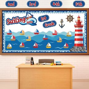Nautical Bulletin Board Classroom Decorations Set Sailing into Wall Bulletin Board Decor Writable Sailboat Light House Anchor Paper Cut-Outs for Ocean Back to School Blackboard Decor Teacher Supplies