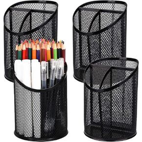 Nicunom 4 Pack Round Steel Mesh Pen Holder, Metal Pencil Desk Holder Organizer with devided 3 Compartments for Desk Office Pen Organizer, Black