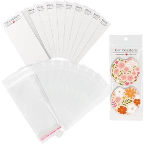 100Pcs Car Coaster Packaging for Selling, Sublimation Blank Car Coasters with Bags, 50Pcs Car Coaster Display Cards and 50Pcs Self-Seal Bags(White)