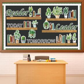 Summer Greenery Classroom Reading Bulletin Board Decorations Potted Plant Bulletin Board Set Motivational Bookshelf Classroom Decor Eucalyptus Paper Cutouts for Back to School Wall Teacher Supplies