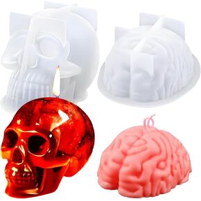Skull & Brain Resin Candle Mold Set, Brain and Skull Silicone Molds for Aromatherapy Candle Soap Making DIY Epoxy Mould Resin Casting Art Crafts Lotion Bar Clay Halloween Party Supplies Home Décor