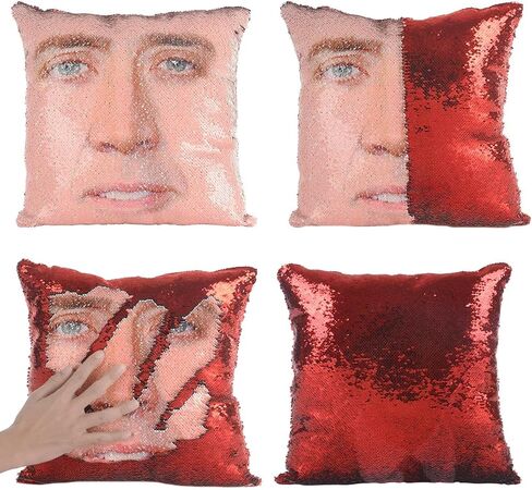 Nicolas Cage Pillow Covers Sequin Pillow Cases Funny Gag Gifts Reversible Sequin Pillow Cover Decorative Throw Cushion Case 16 x 16 Inches (Red) in Saudi Arabia