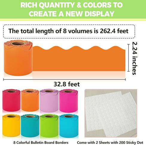 Bulletin Board Borders, 8 Rolls 262.4 Ft Bright Scalloped Bulletin Borders, Colorful Bulletin Board Decorations for Classroom Chalkboard Wall, School Whiteboard Trim DIY, Home, Office, Posters & Party in Kuwait