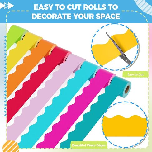Bulletin Board Borders, 8 Rolls 262.4 Ft Bright Scalloped Bulletin Borders, Colorful Bulletin Board Decorations for Classroom Chalkboard Wall, School Whiteboard Trim DIY, Home, Office, Posters & Party in Kuwait
