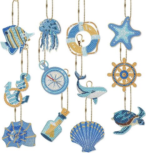 Sitsink Ocean Diamond Art Keychains - 12 Pcs Marine Animal Nautical Diamond Painting Key Chains, 3D Rhinestone DIY Craft Kit for Adult in Kuwait