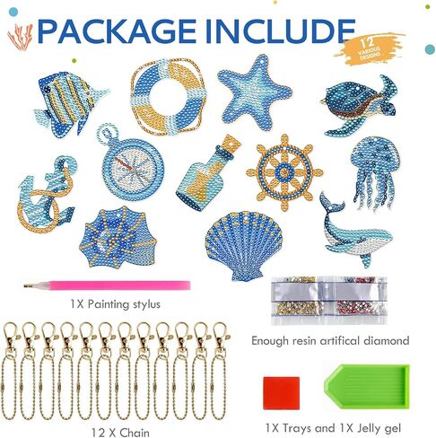 Sitsink Ocean Diamond Art Keychains - 12 Pcs Marine Animal Nautical Diamond Painting Key Chains, 3D Rhinestone DIY Craft Kit for Adult in Kuwait