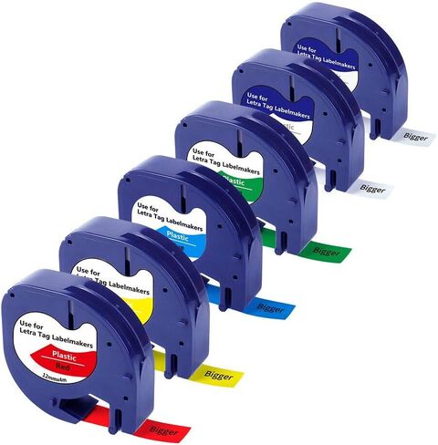 BIGGER Compatible Label Tapes Replacement for Dymo LetraTag Refills, 91331, 12mm x 4m, 1/2 x 13, Plastic, Black Print on White, used with Dymo LetraTag LT-100T LT-100H, 6 Packs in Kuwait