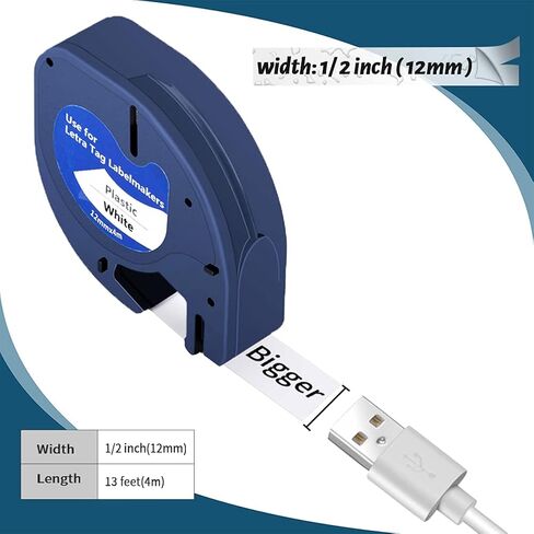 BIGGER Compatible Label Tapes Replacement for Dymo LetraTag Refills, 91331, 12mm x 4m, 1/2 x 13, Plastic, Black Print on White, used with Dymo LetraTag LT-100T LT-100H, 6 Packs in Kuwait