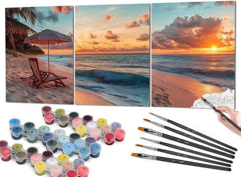 Bougimal 3 Pack Paint بأرقام للبالغين ، Triptych Diy Acrylic Painting Kit مع فرشاة الطلاء ، صبغة أكريليك للمبتدئين ، 11 "W × 14" L - Beach (بدون إطار) in Kuwait