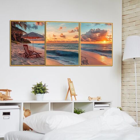 Bougimal 3 Pack Paint بأرقام للبالغين ، Triptych Diy Acrylic Painting Kit مع فرشاة الطلاء ، صبغة أكريليك للمبتدئين ، 11 "W × 14" L - Beach (بدون إطار) in Kuwait