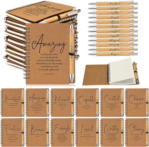 Kosiz 12 Sets Christian Gifts Bulk Back to School Supplies Church Inspirational Bible Verse Spiral Notebook and Religious Bamboo Ballpoint Pen Journal with Scripture for Sunday School Teacher (Brown) in Saudi Arabia