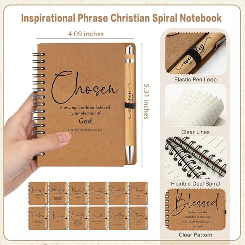 Kosiz 12 Sets Christian Gifts Bulk Back to School Supplies Church Inspirational Bible Verse Spiral Notebook and Religious Bamboo Ballpoint Pen Journal with Scripture for Sunday School Teacher (Brown) in Saudi Arabia