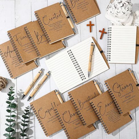 Kosiz 12 Sets Christian Gifts Bulk Back to School Supplies Church Inspirational Bible Verse Spiral Notebook and Religious Bamboo Ballpoint Pen Journal with Scripture for Sunday School Teacher (Brown) in Saudi Arabia