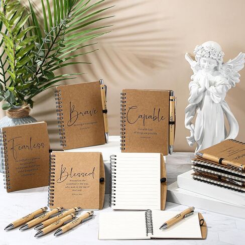 Kosiz 12 Sets Christian Gifts Bulk Back to School Supplies Church Inspirational Bible Verse Spiral Notebook and Religious Bamboo Ballpoint Pen Journal with Scripture for Sunday School Teacher (Brown) in Saudi Arabia