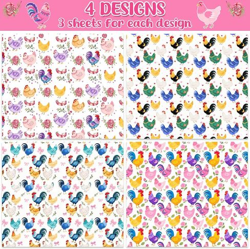 Pineraap 12 Sheets ورقة غلاف الدجاج - تصاميم حيوانات مزرعة ملونة مع الديكة ، الدجاج - لف هدايا الريف لصالح حفلات الأطفال ، عيد ميلاد ، استحمام الطفل ، الحرف اليدوية ، 19.7 "× 27.6" in Kuwait