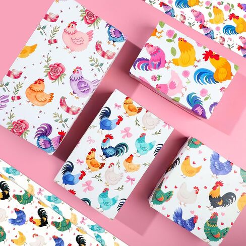 Pineraap 12 Sheets ورقة غلاف الدجاج - تصاميم حيوانات مزرعة ملونة مع الديكة ، الدجاج - لف هدايا الريف لصالح حفلات الأطفال ، عيد ميلاد ، استحمام الطفل ، الحرف اليدوية ، 19.7 "× 27.6" in Kuwait