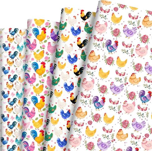 Pineraap 12 Sheets ورقة غلاف الدجاج - تصاميم حيوانات مزرعة ملونة مع الديكة ، الدجاج - لف هدايا الريف لصالح حفلات الأطفال ، عيد ميلاد ، استحمام الطفل ، الحرف اليدوية ، 19.7 "× 27.6" in Kuwait