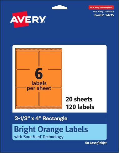 Avery Printable Rectangle Labels, Sure Feed Technology, 3-1/3" x 4", Bright Orange Labels, Laser/Inkjet Printable, 120 Total, Great for Candles and Ingredients in Saudi Arabia