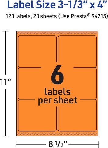 Avery Printable Rectangle Labels, Sure Feed Technology, 3-1/3" x 4", Bright Orange Labels, Laser/Inkjet Printable, 120 Total, Great for Candles and Ingredients in Saudi Arabia