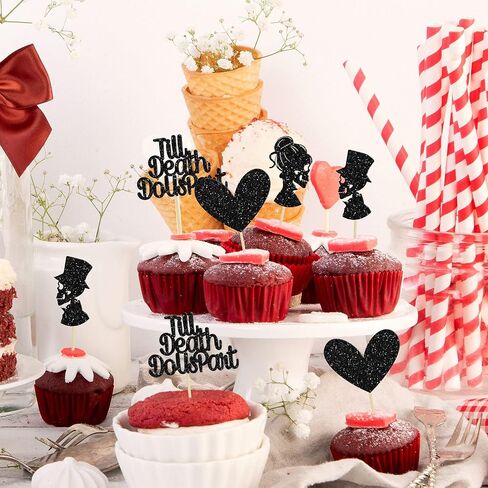 Gyufise 24pcs Happy Galentine's Cupcake Topcake Topcake Black Glitter Till Death de Us Part Cupcake يختار عيد ميلاد عيد ميلاد الزخارف اللوازم in Kuwait