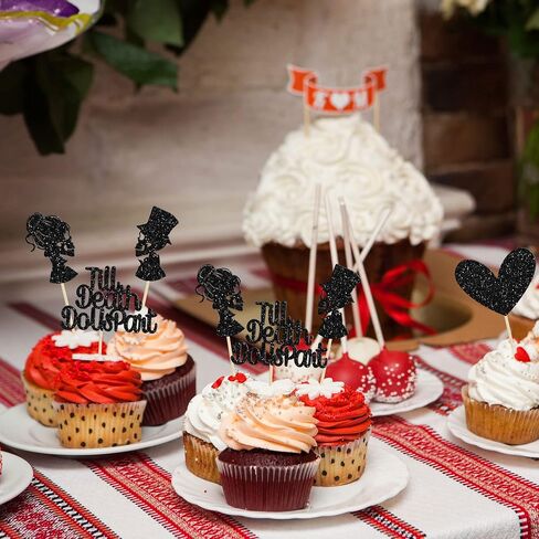 Gyufise 24pcs Happy Galentine's Cupcake Topcake Topcake Black Glitter Till Death de Us Part Cupcake يختار عيد ميلاد عيد ميلاد الزخارف اللوازم in Kuwait