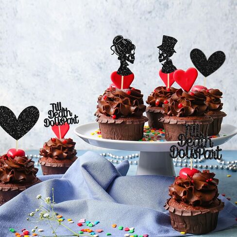 Gyufise 24pcs Happy Galentine's Cupcake Topcake Topcake Black Glitter Till Death de Us Part Cupcake يختار عيد ميلاد عيد ميلاد الزخارف اللوازم in Kuwait