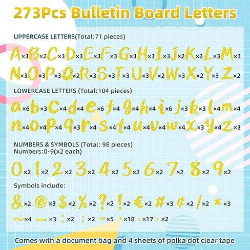 273 Pcs 4 Inch Glitter Bulletin Board Letters Set - Poster Board Letter Cutouts with Alphabet, Symbols, Numbers, Storage Bag - Classroom Decor, DIY Projects, Teacher Supplies, Office (Golden) in Kuwait