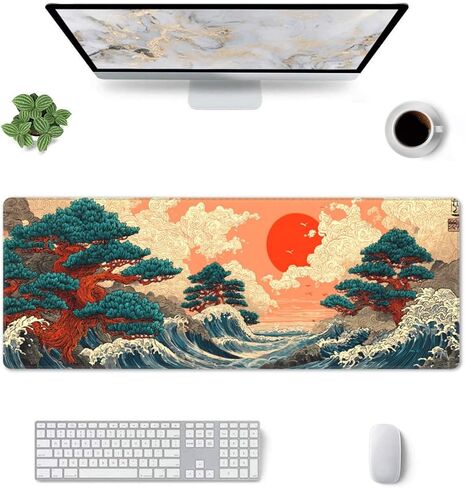 Mouse Pad Japanese Sea Wave Pattern, Large Desk Mat, XXL Gaming Keyboard Mat, Non-Slip Rubber Base, Big Extended Desk Protector for Home Office, 31.5x12 inch in Kuwait
